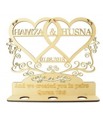 Laser Cut 'And we created you in pairs. Quran 78:8 ' Personalised Double Hearts with Swirl and Flourish Detail - 6mm